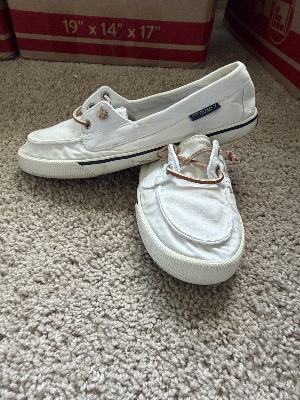 Sperry White Womens Canvas Boat Shoes with Tan Laces